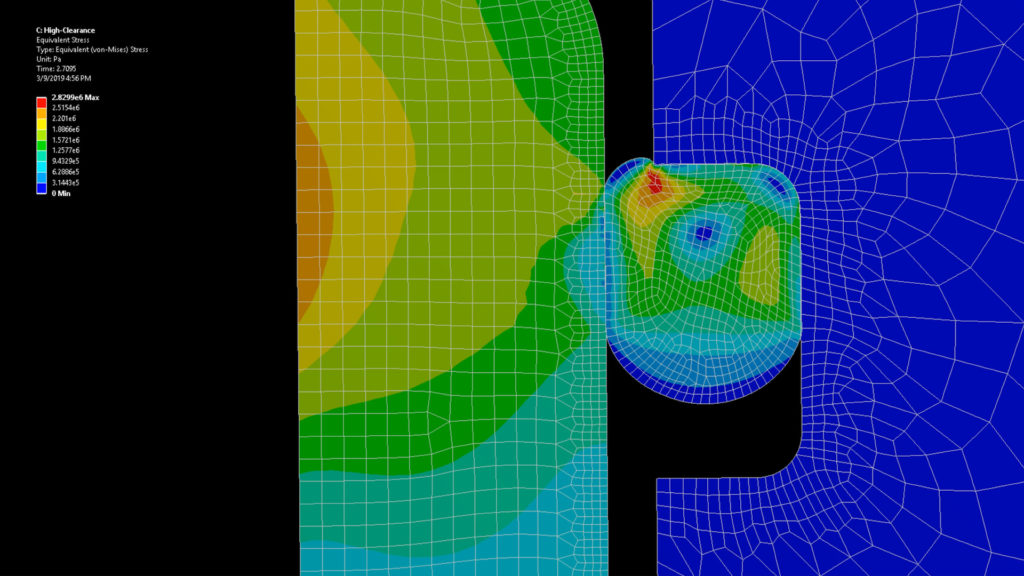 An FEA simulation of an O-ring extruding into a large extrusion gap.