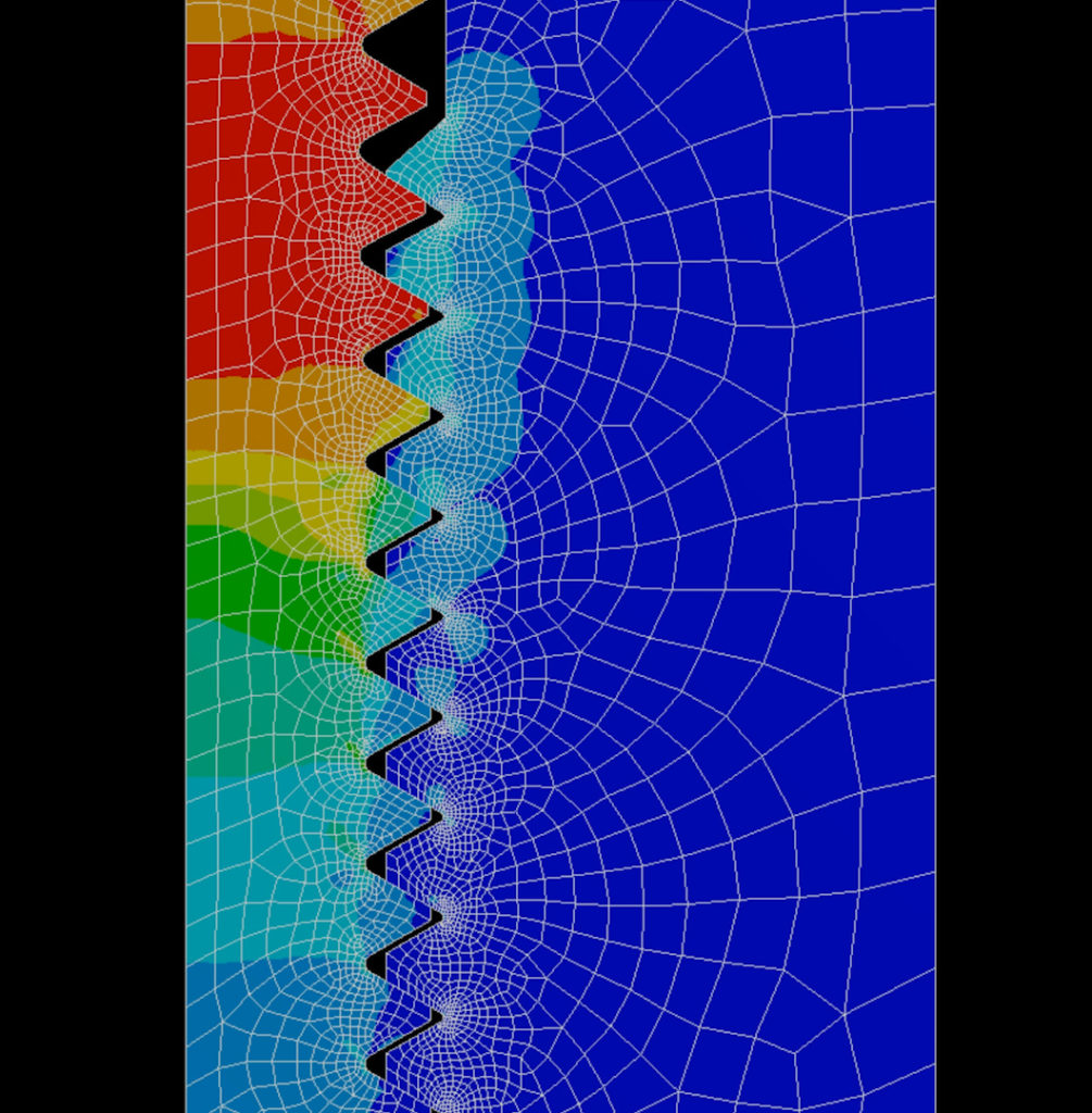 An FEA showing that most of the stress is carried by the first few threads in a workpiece